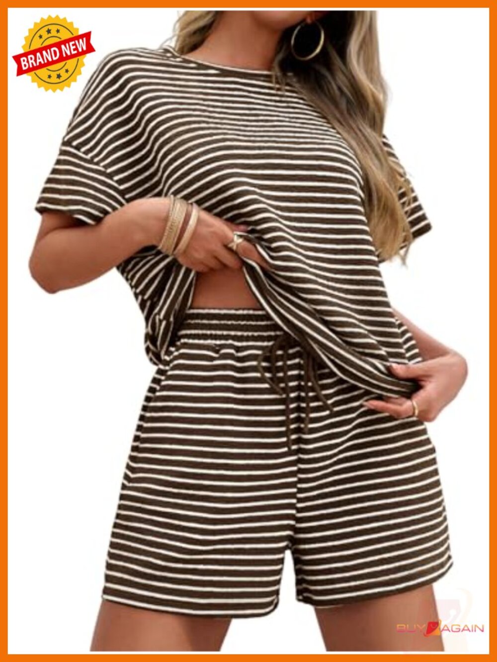 Striped Lounge Set Short Sleeve Top & Drawstring Shorts Pajamas